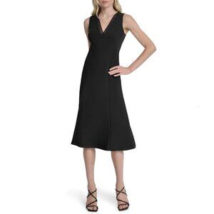 DKNY Black LBD Sleeveless V-Neck Chiffon Trim Flounce Hem Midi Dress Sz 12 NEW!